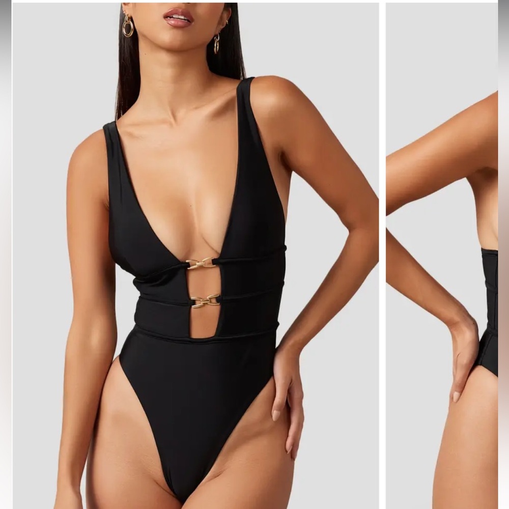 MBM SWIM ZORA Black Plunge Swimsuit with Gold Accents